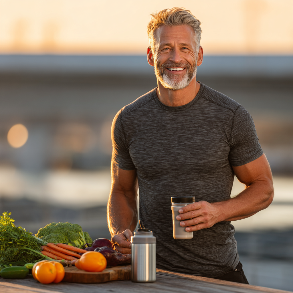 Active man in his 40s exercising outdoors, looking energetic and healthy, preparing a post-workout nutritious meal with protein and vegetables