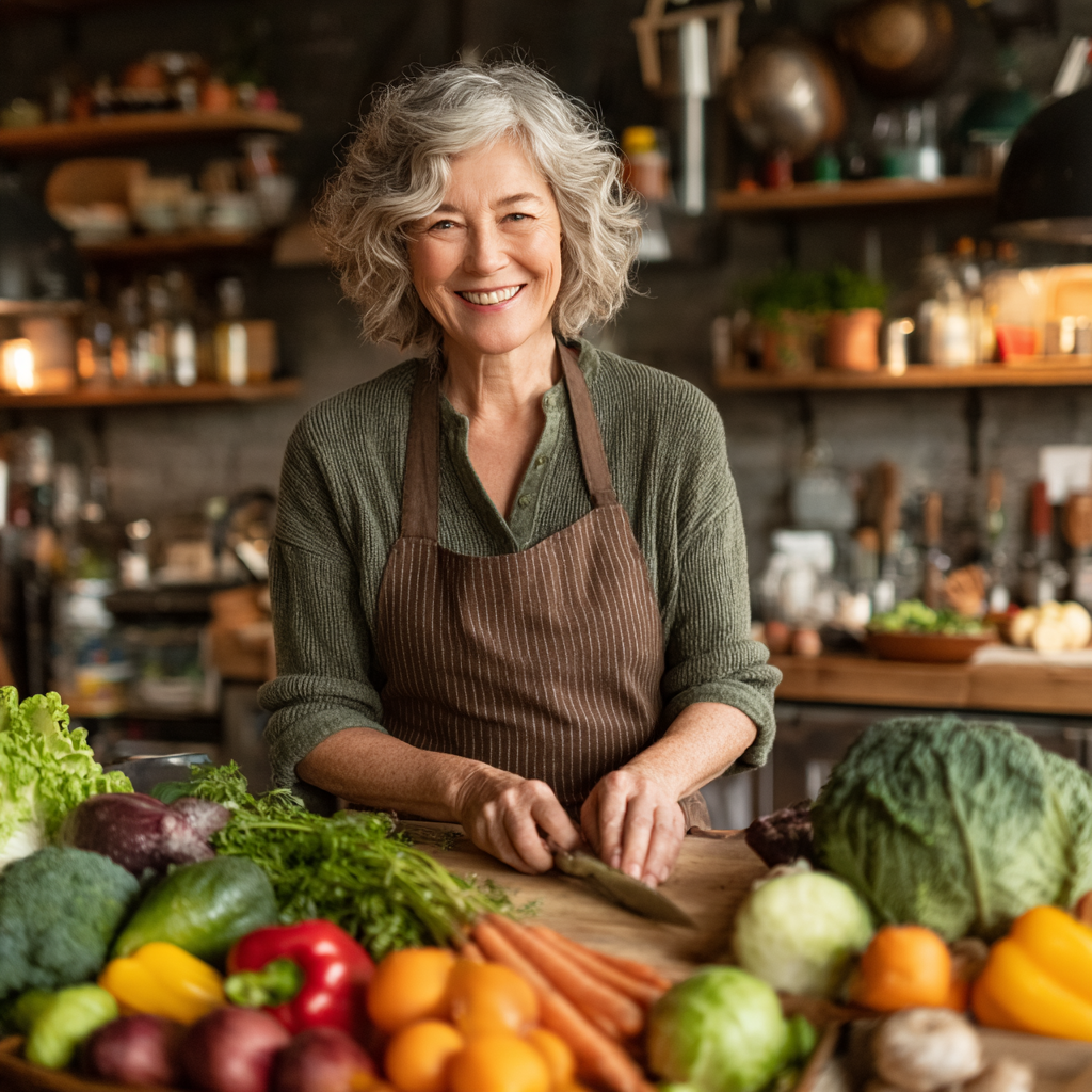 Happy middle-aged woman in her 50s smiling while preparing a colorful, healthy meal in a modern kitchen, surrounded by fresh vegetables and fruits