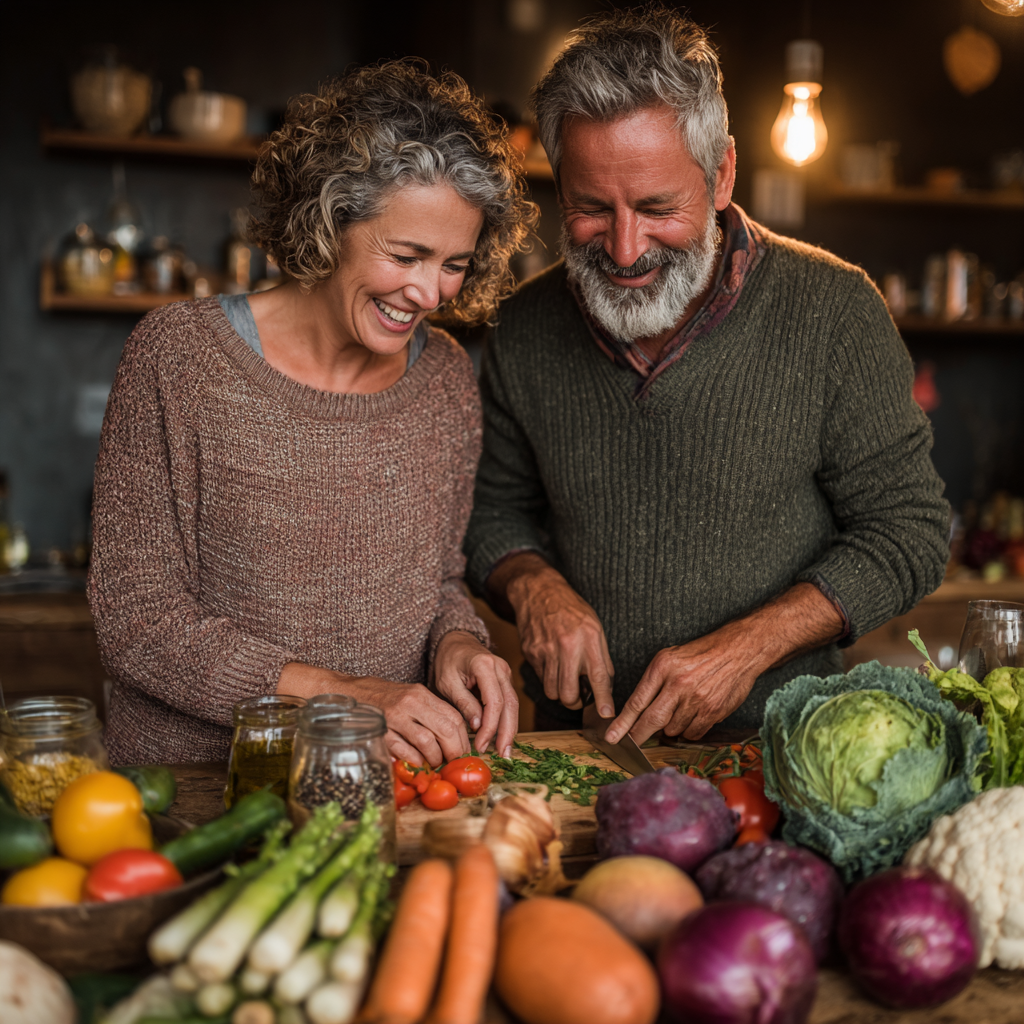 Mature couple in their late 40s cooking together in their kitchen, smiling while preparing a balanced meal with fresh ingredients and healthy foods